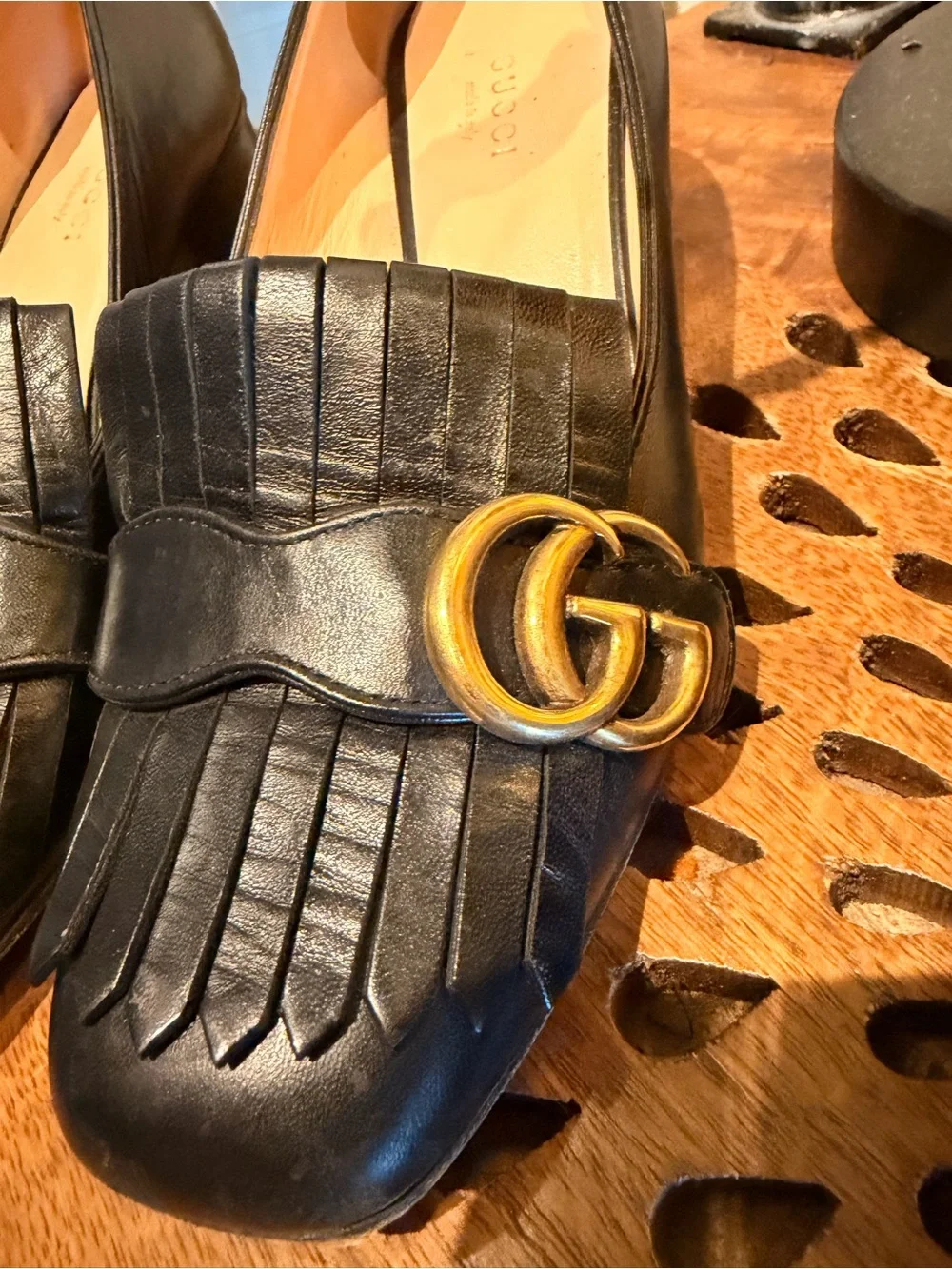 Gucci Black Leather Kiltie Loafers with Gold Double G size 7